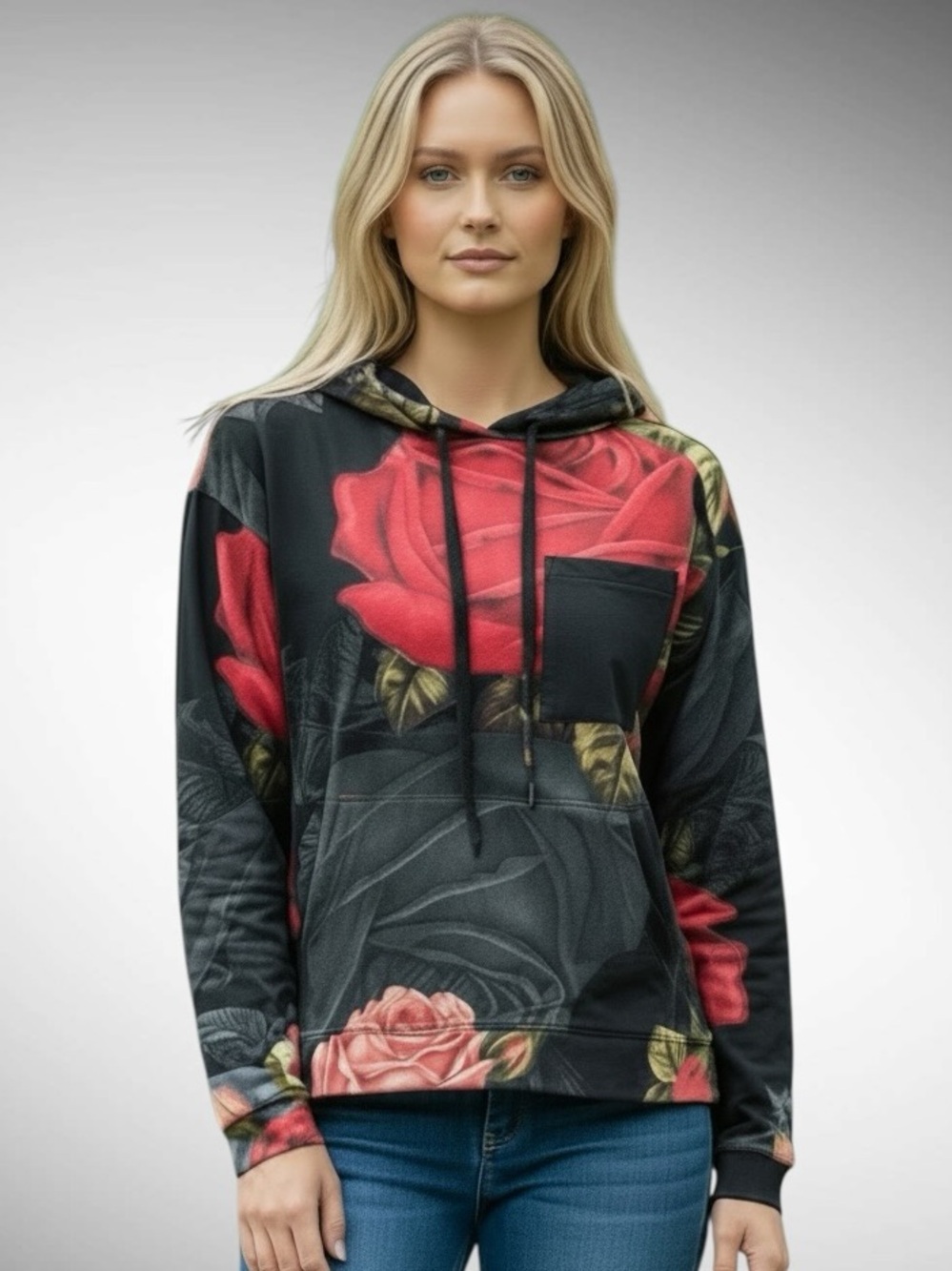 Lily by Firmiana Bold Rose Print Pullover Hoodie Long Sleeves